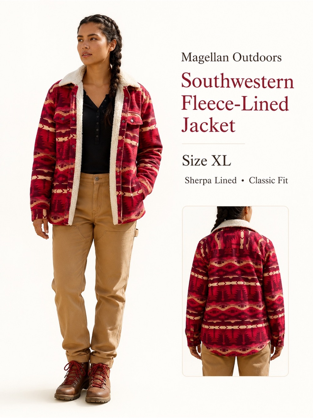 Magellan Outdoors Red Southwestern Sherpa Lined Shacket Jacket XL